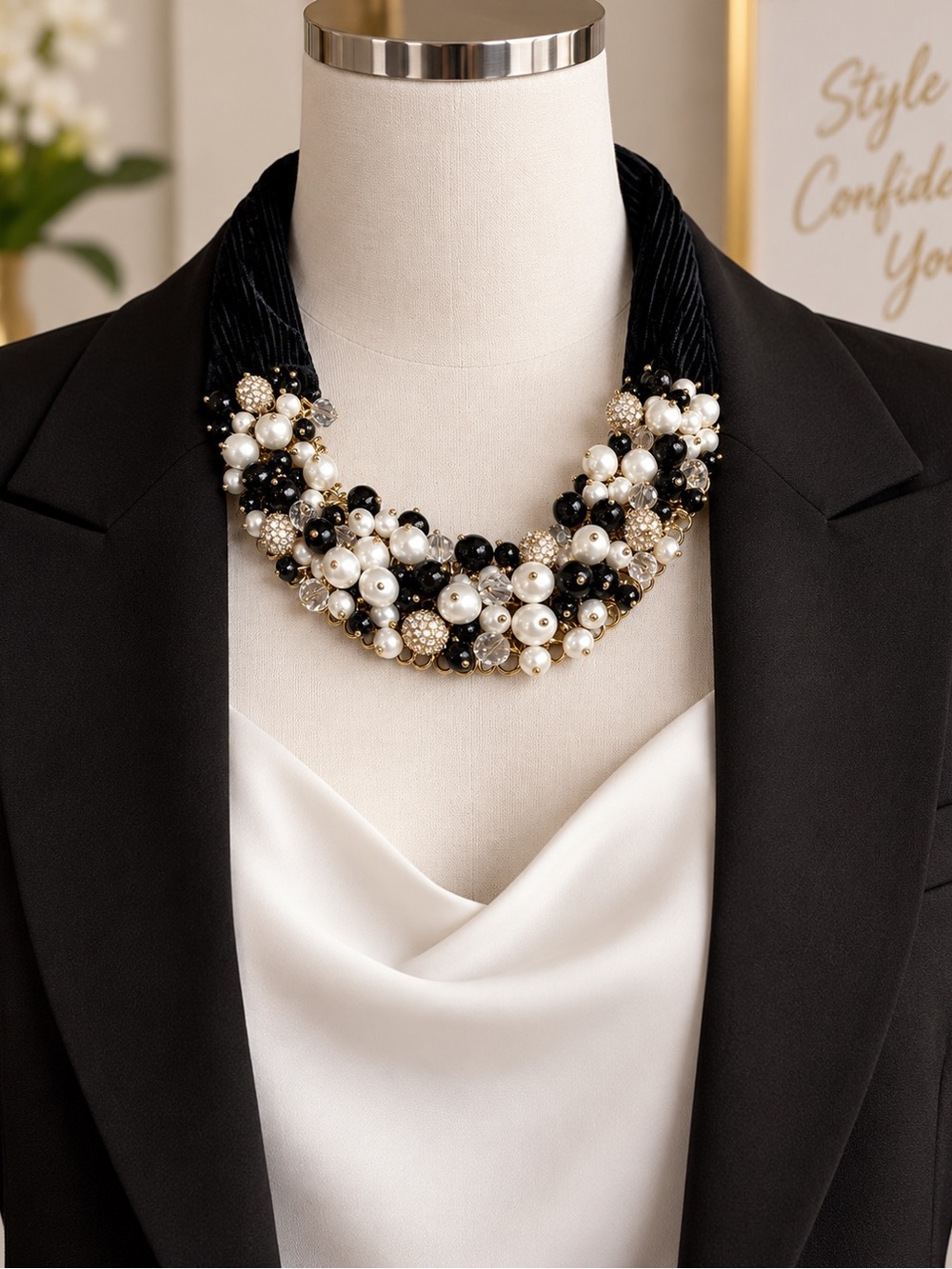 NWT Talbots Black, White & Gold Cluster Pearl Statement Necklace